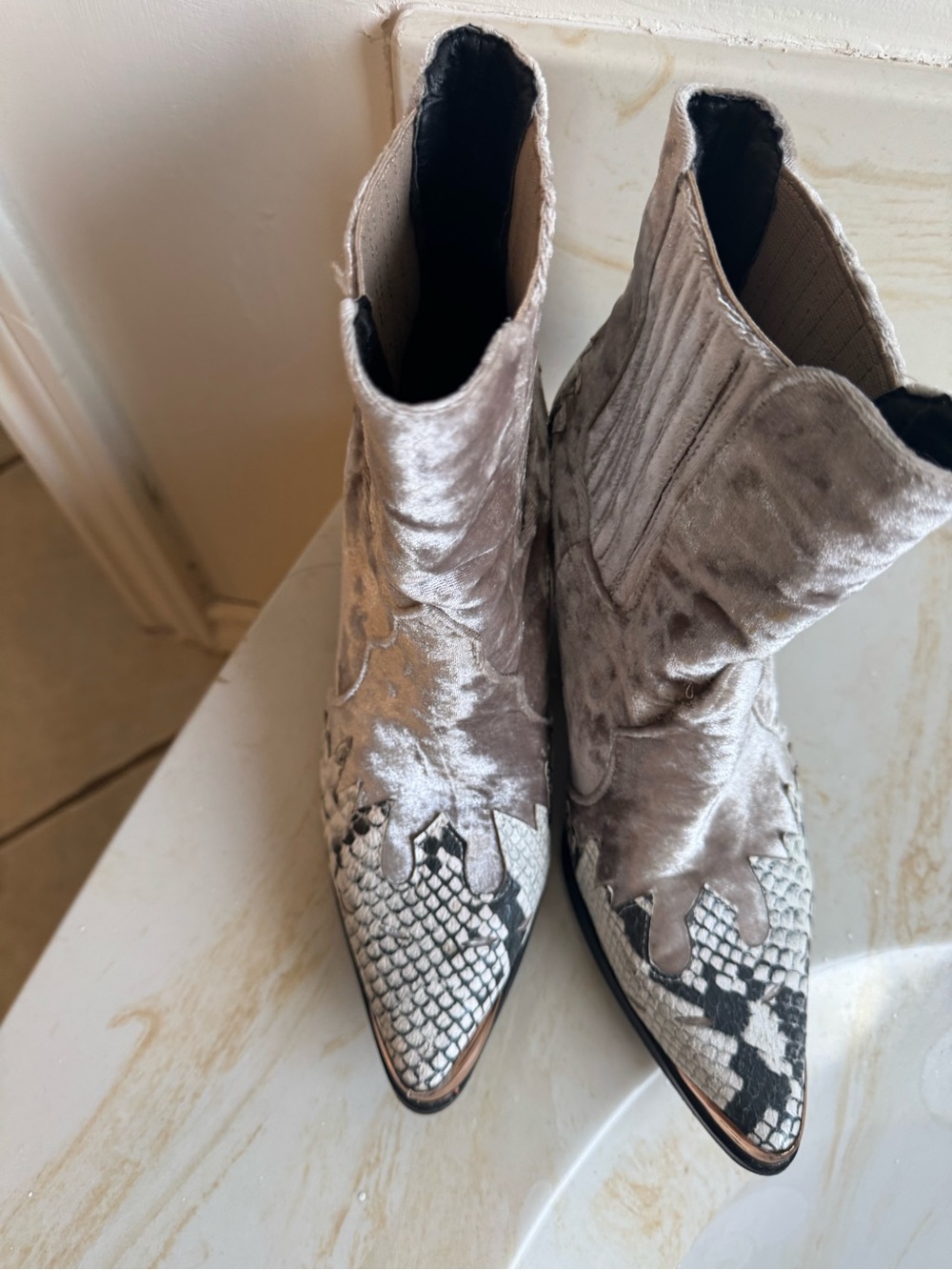 Cape Robbin Taupe Velvet Ankle Boots with Snake-Print Pointed Toes
